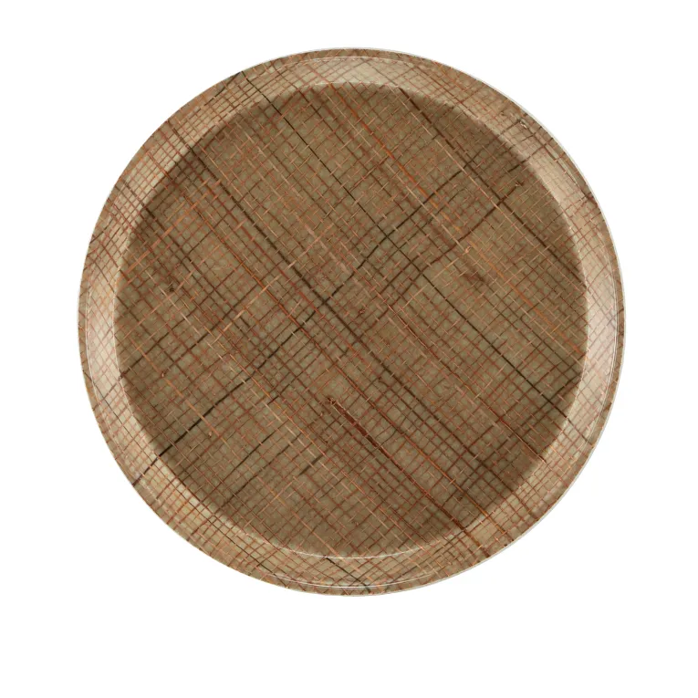 A round wooden Serving Camtray with a textured surface featuring intersecting, multicolored lines in brown, red, and olive tones, creating a plaid-like pattern. The plate has a raised rim and rustic look against a white background.