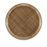 A round wooden Serving Camtray with a textured surface featuring intersecting, multicolored lines in brown, red, and olive tones, creating a plaid-like pattern. The plate has a raised rim and rustic look against a white background.