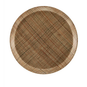 A round wooden Serving Camtray with a textured surface featuring intersecting, multicolored lines in brown, red, and olive tones, creating a plaid-like pattern. The plate has a raised rim and rustic look against a white background.