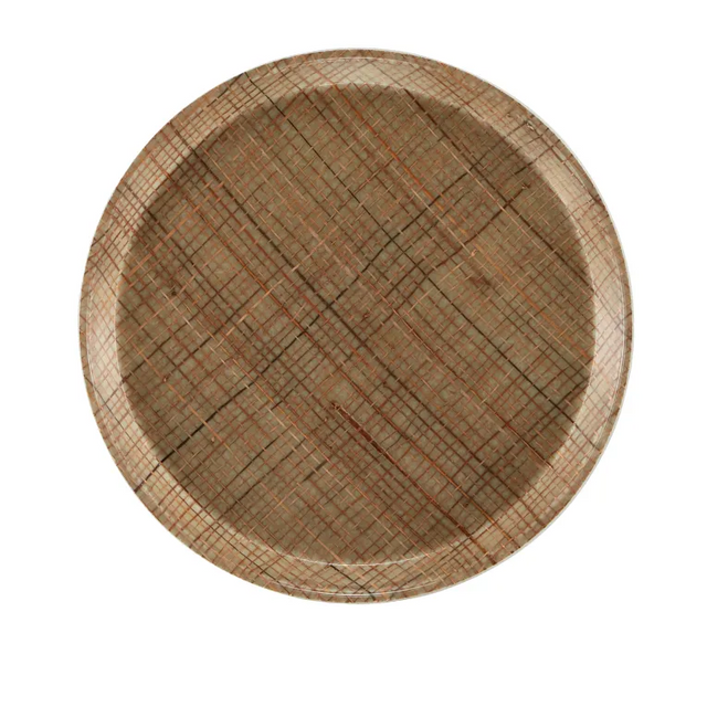 A round wooden Serving Camtray with a textured surface featuring intersecting, multicolored lines in brown, red, and olive tones, creating a plaid-like pattern. The plate has a raised rim and rustic look against a white background.