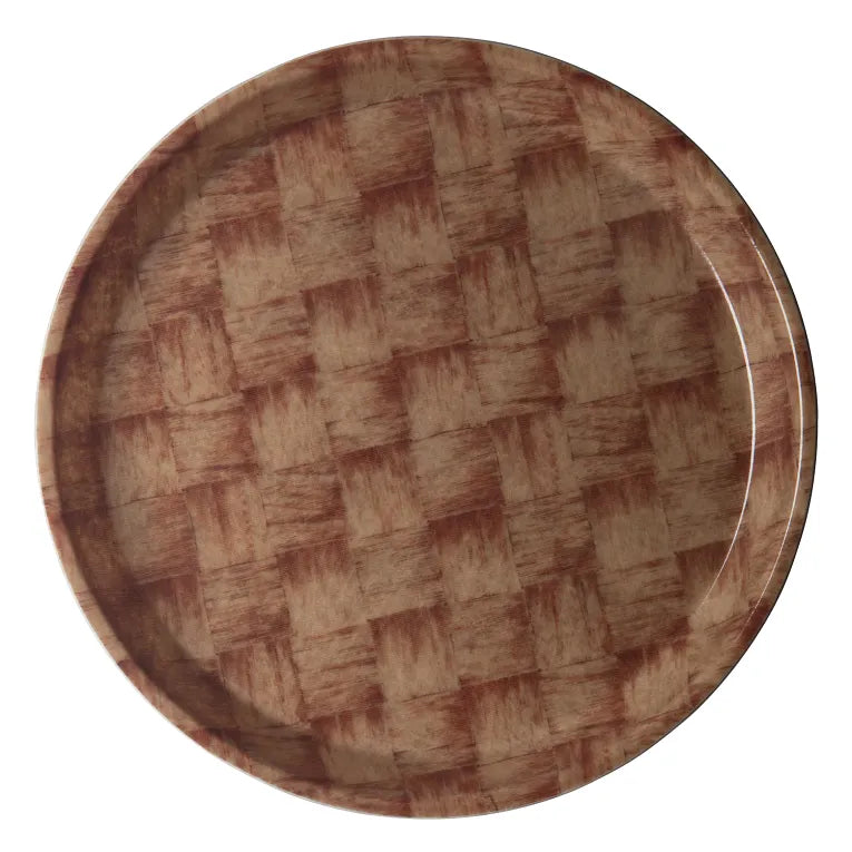 A round dinner plate with a glossy finish, featuring a brown and beige checkered pattern that resembles a woven or basket-weave texture. This dishwasher safe Serving Camtray has a narrow rim and is photographed against a plain white background.