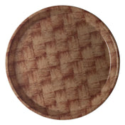 A round dinner plate with a glossy finish, featuring a brown and beige checkered pattern that resembles a woven or basket-weave texture. This dishwasher safe Serving Camtray has a narrow rim and is photographed against a plain white background.