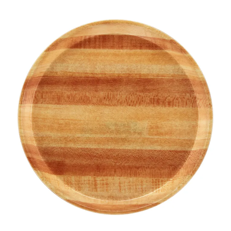 A round wooden plate with a glossy finish, featuring alternating light and dark natural wood grain stripes, is centered against a plain white background—a stylish alternative to a fiberglass tray or Serving Camtray. NSF quality for modern table settings.
