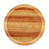 A round wooden plate with a glossy finish, featuring alternating light and dark natural wood grain stripes, is centered against a plain white background—a stylish alternative to a fiberglass tray or Serving Camtray. NSF quality for modern table settings.