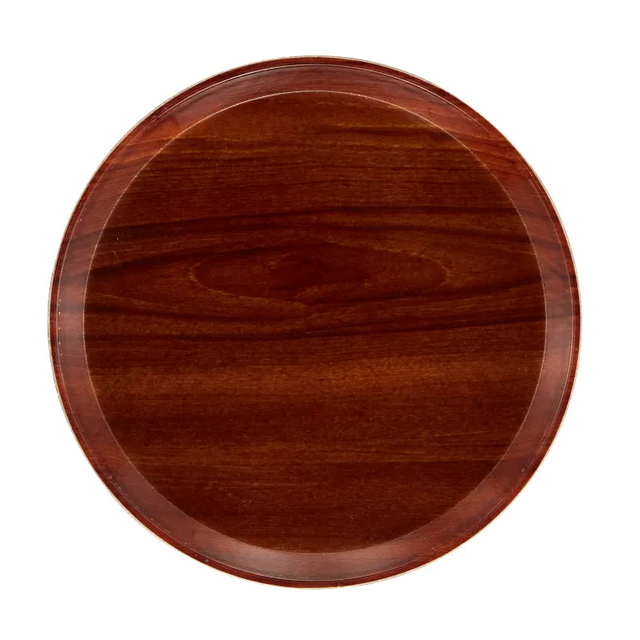 A round, flat Serving Camtray with a glossy finish and rich brown wood grain patterns, viewed from above on a white background. The fiberglass tray features smooth, slightly raised edges and a polished, dishwasher safe surface.