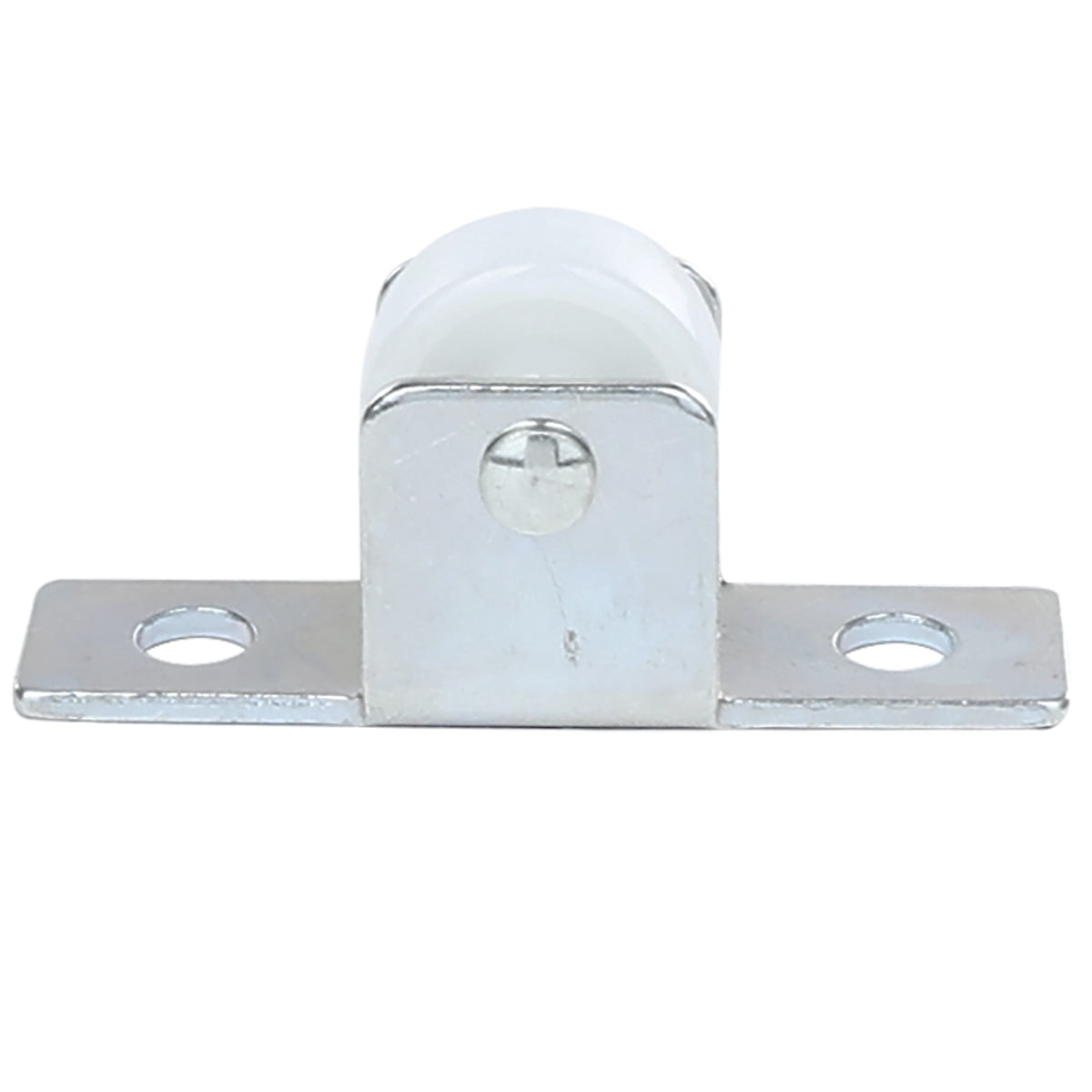 A metal roller bracket with a white plastic wheel in the center, designed for Empura Refrigeration. The flat base has two screw holes for mounting. This Empura Parts caster without brake features curved metal sides enclosing the wheel. Background is plain white.
