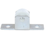 A metal roller bracket with a white plastic wheel in the center, designed for Empura Refrigeration. The flat base has two screw holes for mounting. This Empura Parts caster without brake features curved metal sides enclosing the wheel. Background is plain white.