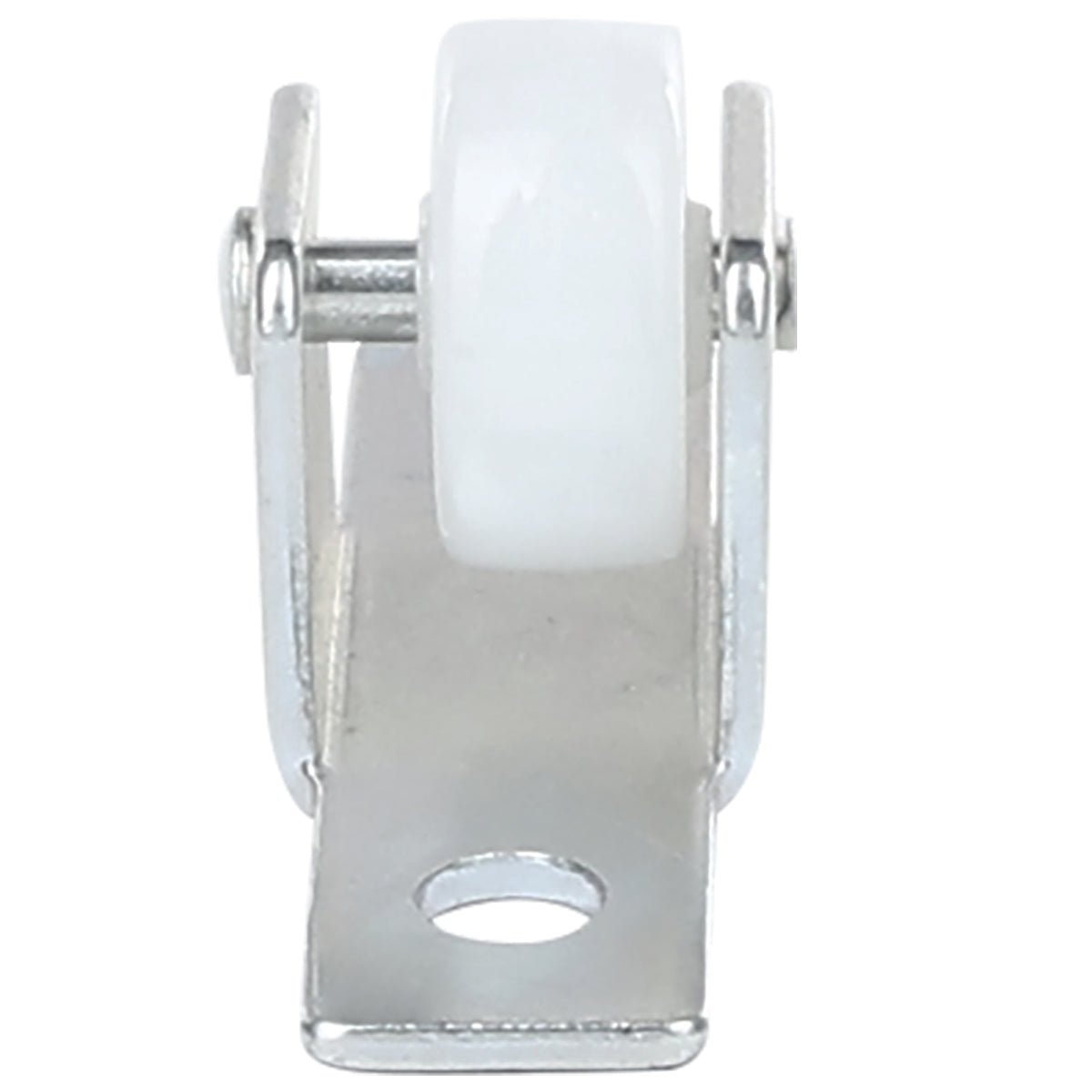 Close-up of an Empura Refrigeration bracket with a flat base and a single white plastic wheel mounted between two vertical side arms. This Empura part is a caster without brake, shown from the front with the wheel centered and base mounting hole visible.