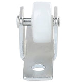 Close-up of an Empura Refrigeration bracket with a flat base and a single white plastic wheel mounted between two vertical side arms. This Empura part is a caster without brake, shown from the front with the wheel centered and base mounting hole visible.