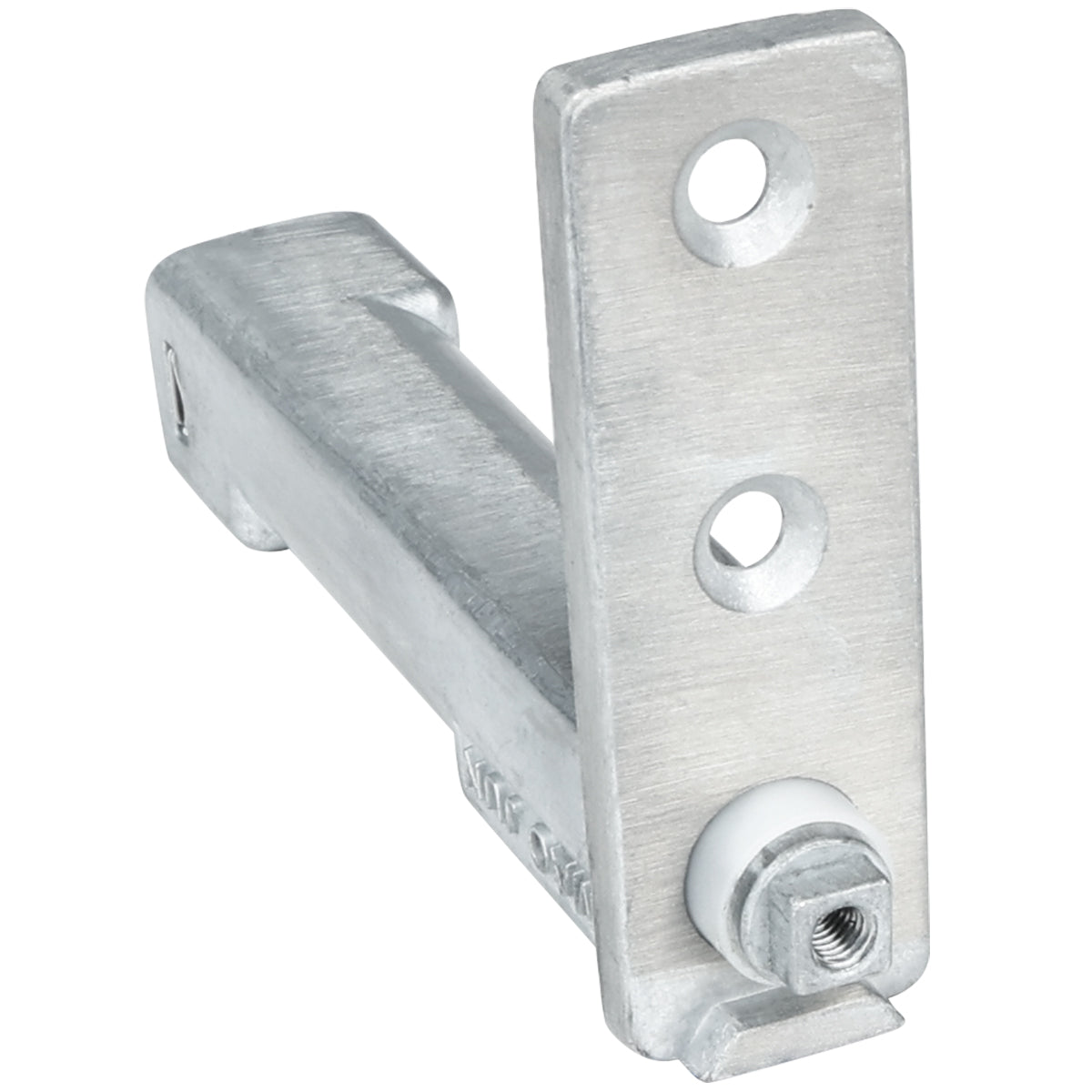 A close-up of a metallic L-shaped bracket, possibly an Empura door spring hinge, with a rectangular arm and vertical plate featuring two circular holes. The bottom has a bolt and plastic washer, highlighting its brushed, industrial finish.