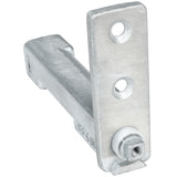 A close-up of a metallic L-shaped bracket, possibly an Empura door spring hinge, with a rectangular arm and vertical plate featuring two circular holes. The bottom has a bolt and plastic washer, highlighting its brushed, industrial finish.