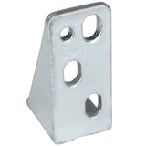 A silver, metal L-shaped door hinge bracket with four oval holes in two rows. Featuring a flat base and smooth vertical section, its designed for structural support or mounting in Empura Parts or Empura Refrigeration systems.