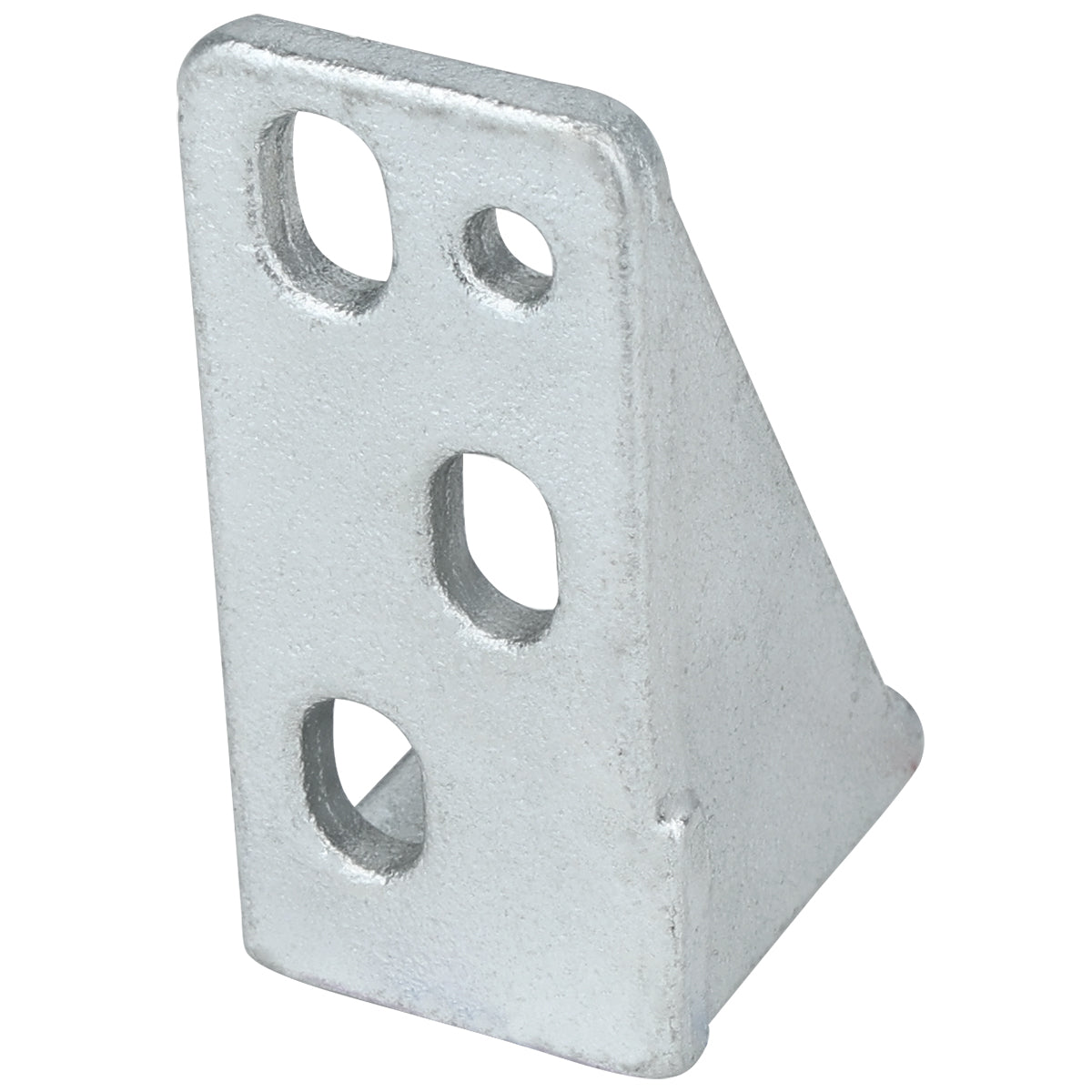 A silver metal door hinge bracket, model E-EGM-48FB, with a triangular shape features five oval and round holes of varying sizes for mounting. The matte-finished bracket is positioned upright with its angled side facing forward. Ideal for Empura Refrigeration.