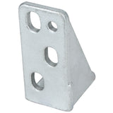 A silver metal door hinge bracket, model E-EGM-48FB, with a triangular shape features five oval and round holes of varying sizes for mounting. The matte-finished bracket is positioned upright with its angled side facing forward. Ideal for Empura Refrigeration.