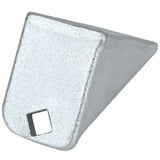 A silver, metallic, wedge-shaped object with a rough texture, this Empura Refrigeration Door Hinge Bracket (E-EGM-48FB) features a small square hole near the wider end and tapers to a point. It is displayed on a plain white background.