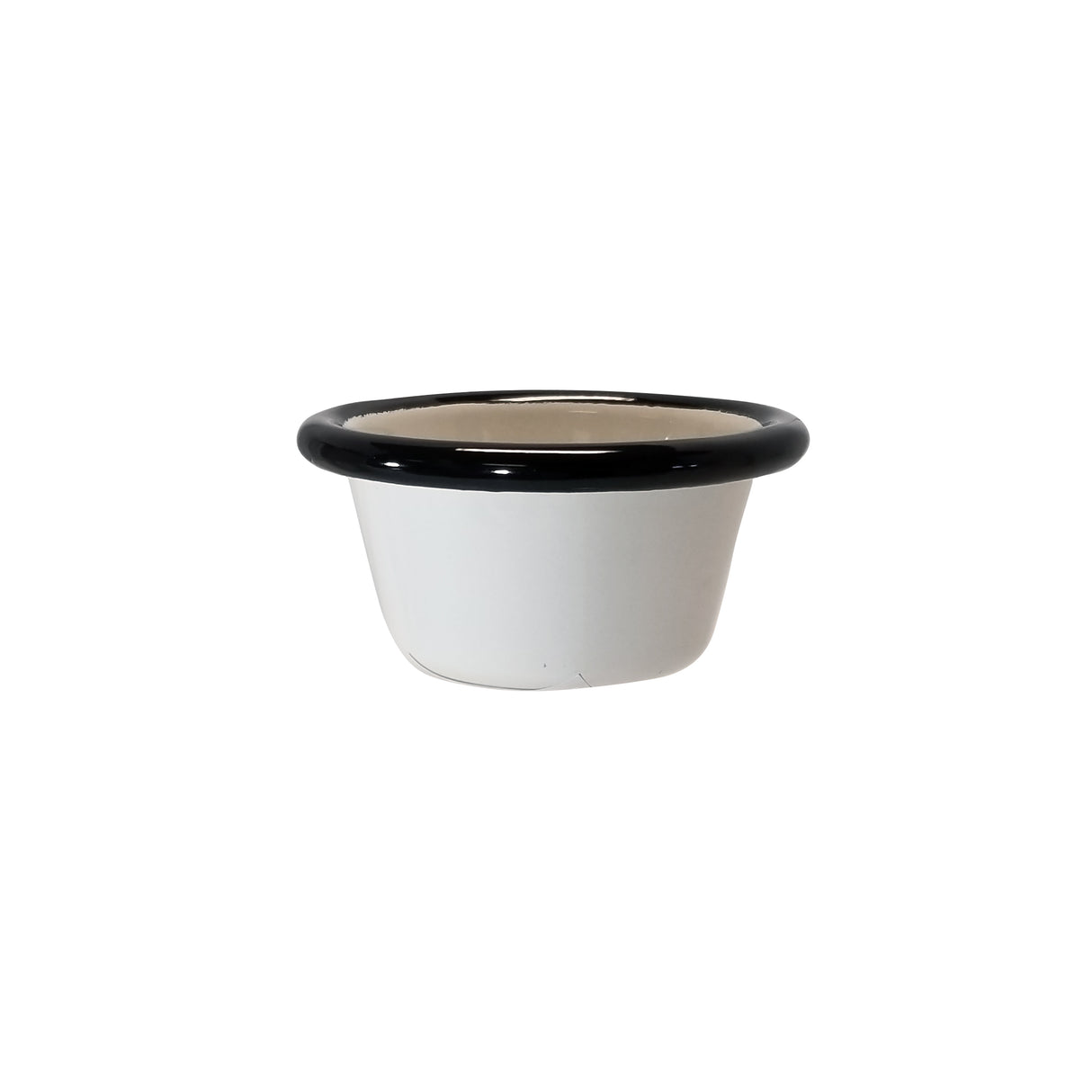 A small, white Enamelware ramekin with a rounded shape and black rim, placed against a plain white background. This 2 oz. porcelain enamel bowl has a smooth, glossy finish and appears empty.