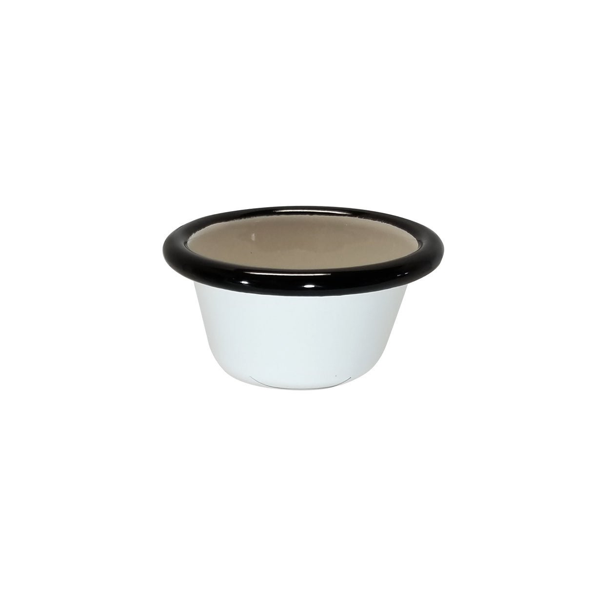 A small, white enamelware ramekin with a wide, thick black rim and 2 oz. capacity, featuring a beige interior. Simple and smooth with a glossy porcelain enamel finish and a slightly flared rim, it's set against a plain white background.