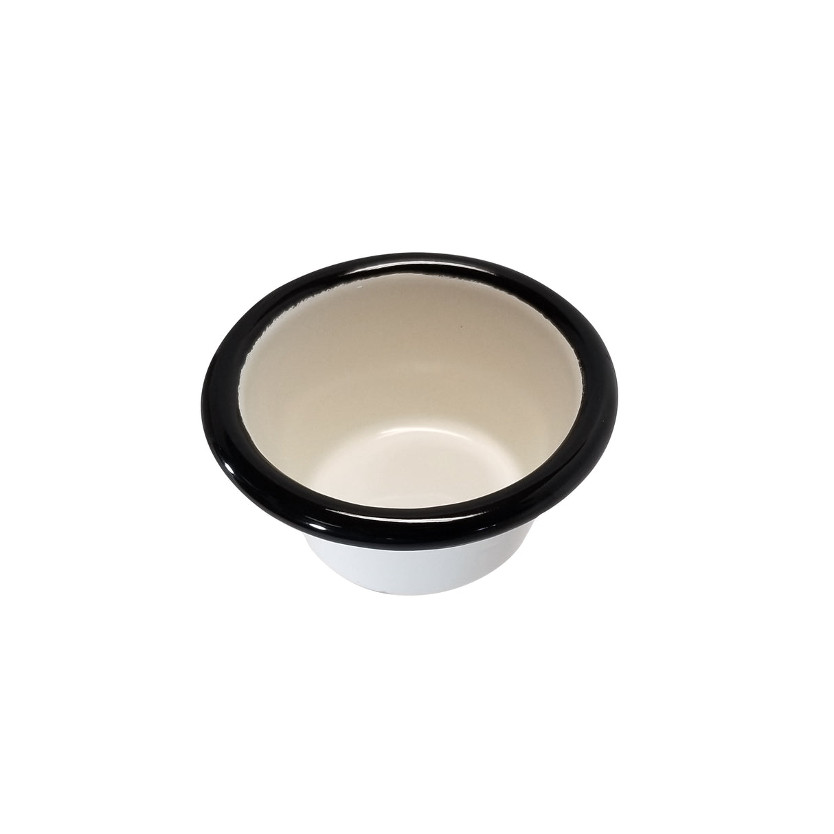 A small, 2 oz. Enamelware ramekin with a white porcelain enamel finish and rounded black rim sits on a white background. Its smooth, cream-colored interior and flared lip evoke vintage utilitarian style.