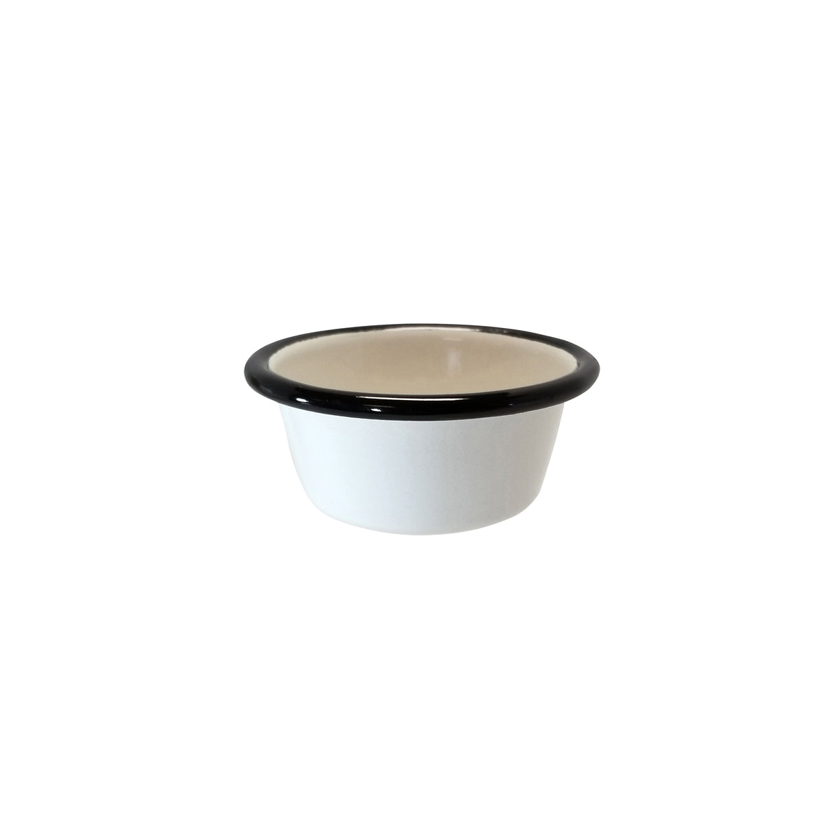 A small, round, 4 oz enamelware ramekin with slightly flared sides and a thick black rim sits on a plain white background. Its cream-colored interior and porcelain enamel finish give it a classic, minimalist look.