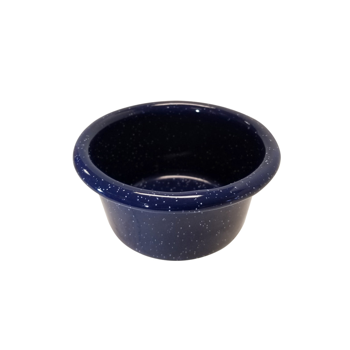 A small, round, dark blue Enamelware Ramekin by TableCraft with a wide rim and white speckled pattern, resembling Porcelain Enamel. The bowl sits on a white background, its simple, glossy design clearly visible.