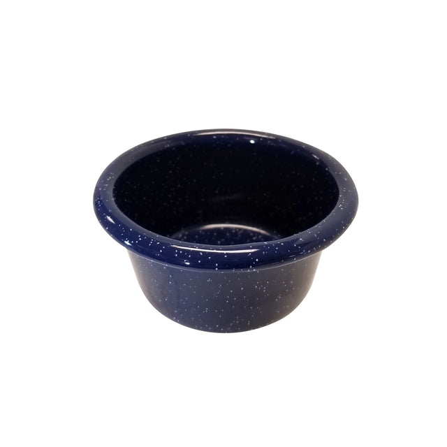 A small, round, dark blue Enamelware Ramekin by TableCraft with a wide rim and white speckled pattern, resembling Porcelain Enamel. The bowl sits on a white background, its simple, glossy design clearly visible.