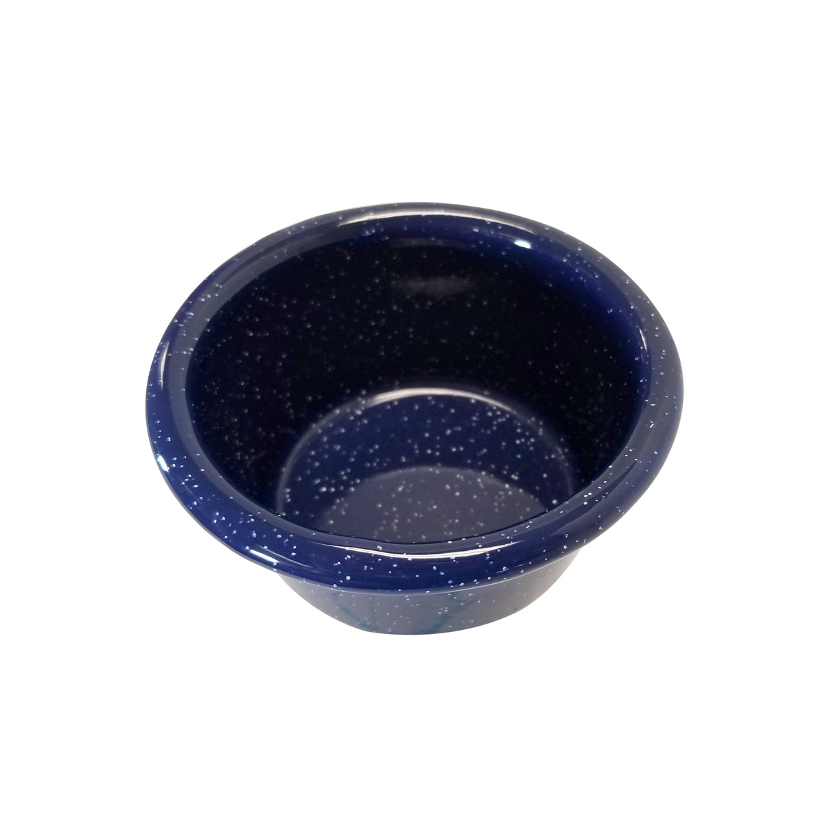 A small, round Enamelware Ramekin made of dark blue porcelain enamel with white speckles. The bowl has a smooth, glossy finish, a slightly flared rim, and the signature speckled pattern inside and out.
