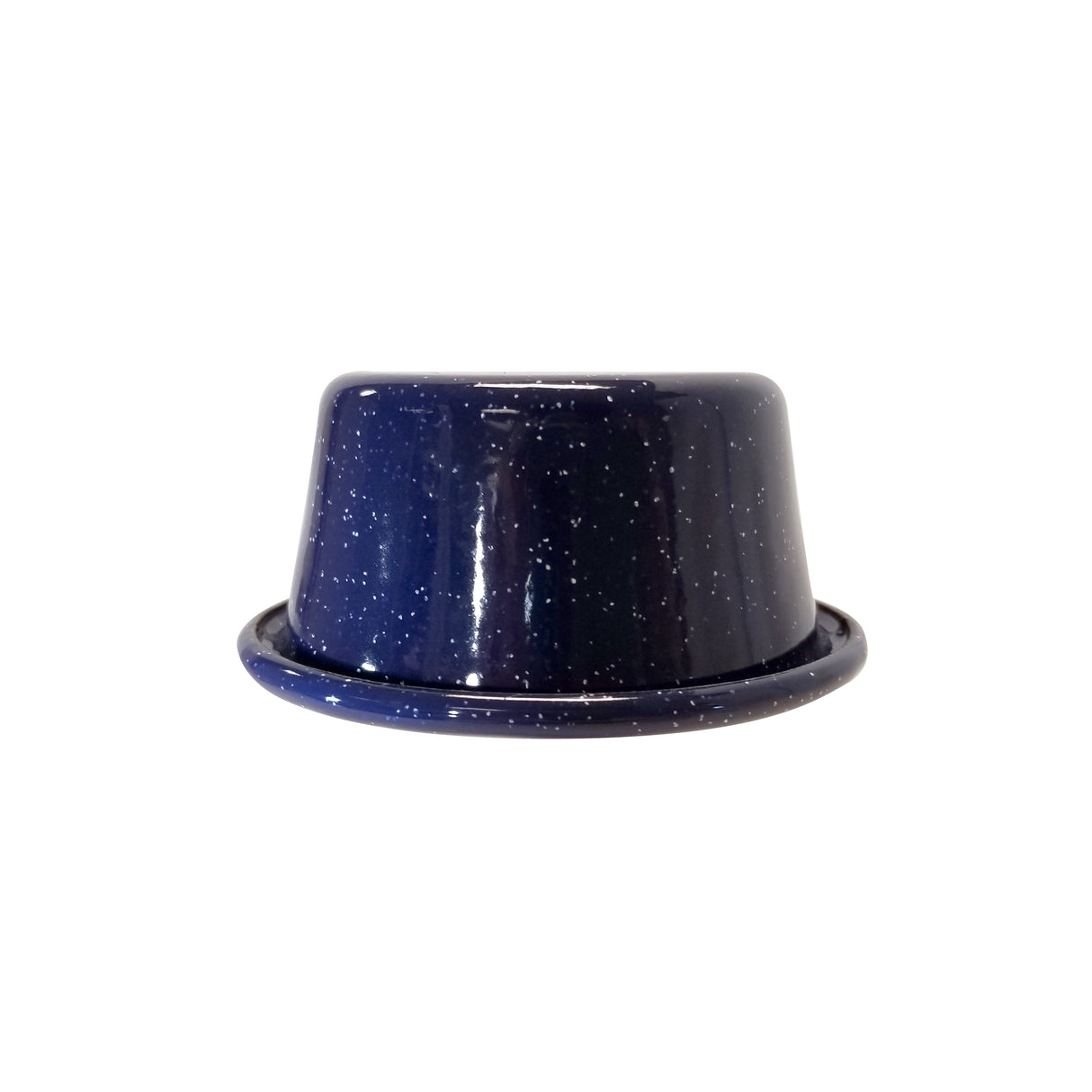 A glossy, dark blue porcelain enamel bowl with white speckles sits on a flat surface against a plain white background. The bowl has a wide base and gently tapers upward, with a slightly flared rim.