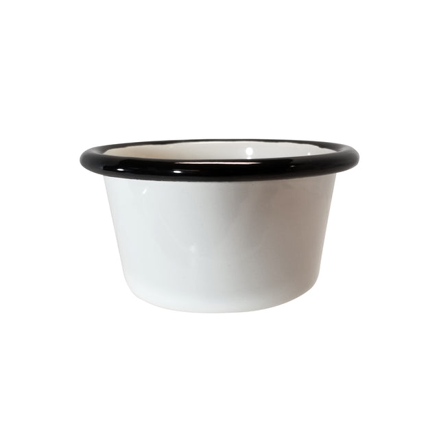 A 5 oz enamelware ramekin with a wide, rounded shape and a classic black rim around the top edge, crafted from white porcelain enamel and set against a plain white background.