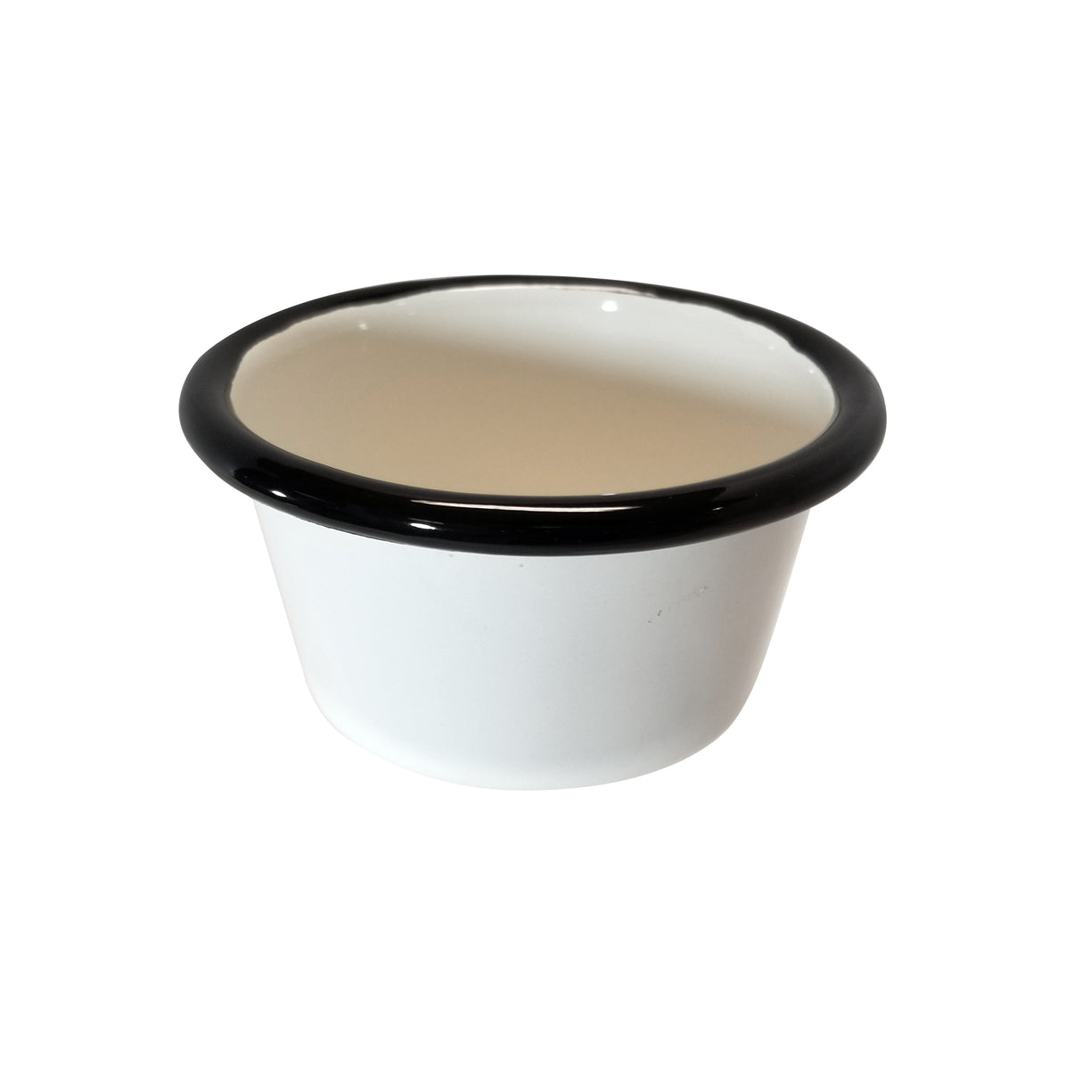 A small, white enamelware ramekin with a slightly flared rim and glossy black edge. This 5 oz bowl features smooth sides and a rounded base, crafted from durable porcelain enamel and photographed against a plain white background.