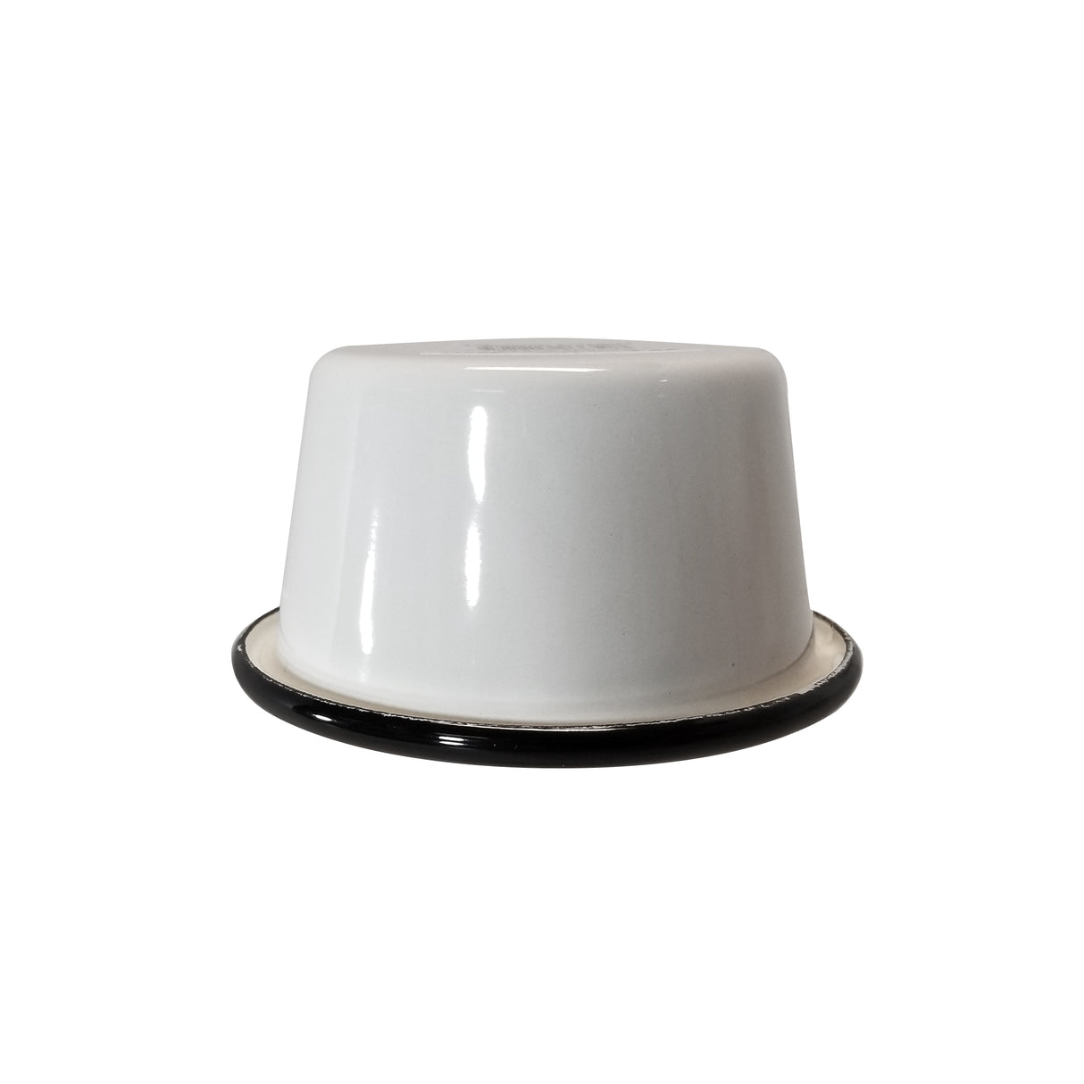 A 5 oz Enamelware ramekin is pictured upside down on a plain white background. The porcelain enamel bowl features a smooth, glossy surface and a black rim, with lighting creating small reflections on its finish.