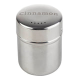 A shiny stainless steel shaker with a cinnamon imprint on the rounded lid, which features five small holes for dispensing. The clean, cylindrical container is reflective and rests on a plain white background.