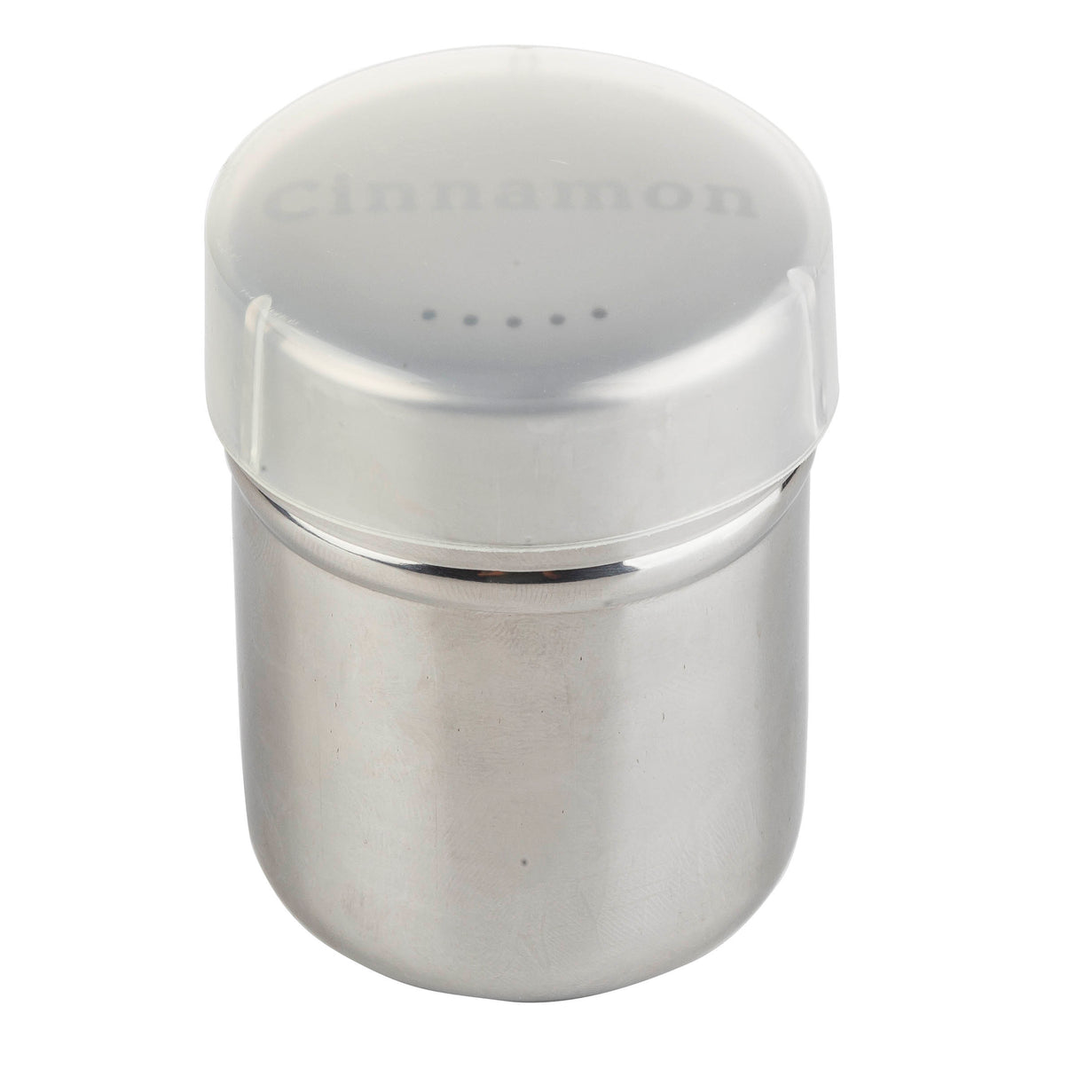 A stainless steel shaker with a cinnamon imprint features a clear, slightly frosted lid labeled Cinnamon. The container’s small dispensing holes and smooth, reflective surface make it both practical and stylish for your kitchen.