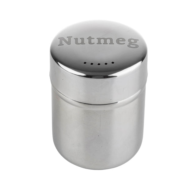 A shiny, cylindrical stainless steel spice shaker with a screw-on lid. The word Nutmeg is engraved on the lid, which has several small holes for dispensing the spice. This dishwasher safe shaker is photographed against a white background.