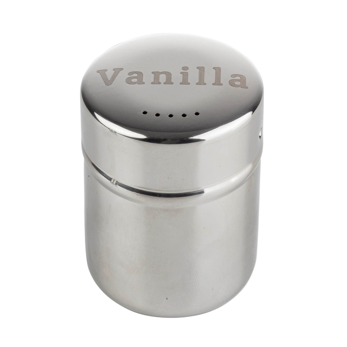 A shiny stainless steel shaker with the word Vanilla engraved on the lid. The lid has small holes in the center for sprinkling contents. This reflective, cylindrical shaker is dishwasher safe and commonly used for dispensing powdered ingredients.