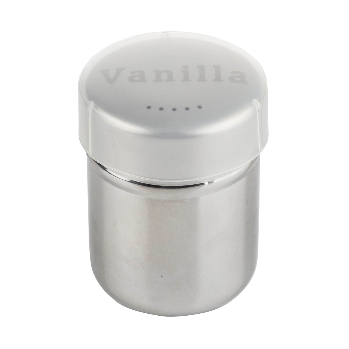 A stainless steel shaker with a clear, labeled “Vanilla” lid features five small holes for sprinkling powder. The cylindrical container has a smooth, reflective surface and is dishwasher safe for easy cleaning.