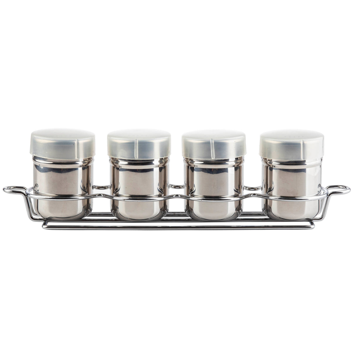 Four identical stainless steel spice jars with white lids are arranged in a row on a matching chrome-plated rack. The cylindrical jars and rack with side handles create a clean, organized look against the white background.