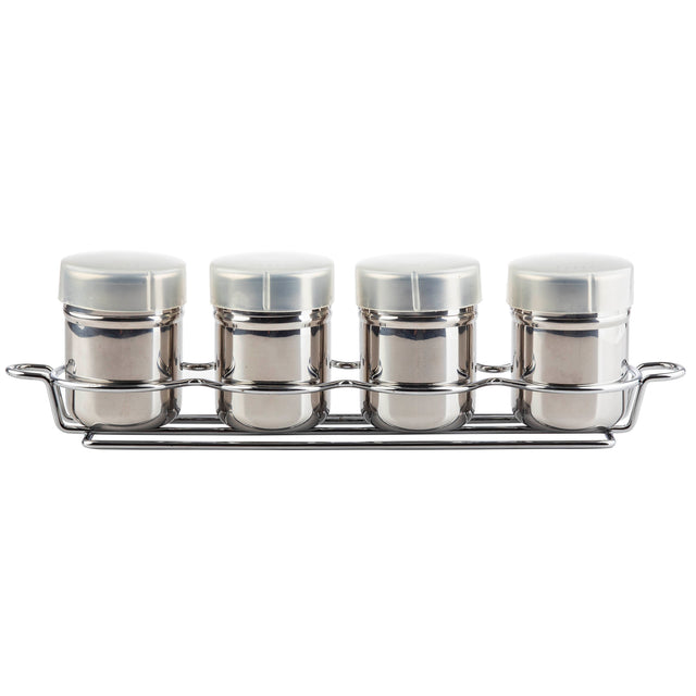 Four identical stainless steel spice jars with white lids are arranged in a row on a matching chrome-plated rack. The cylindrical jars and rack with side handles create a clean, organized look against the white background.
