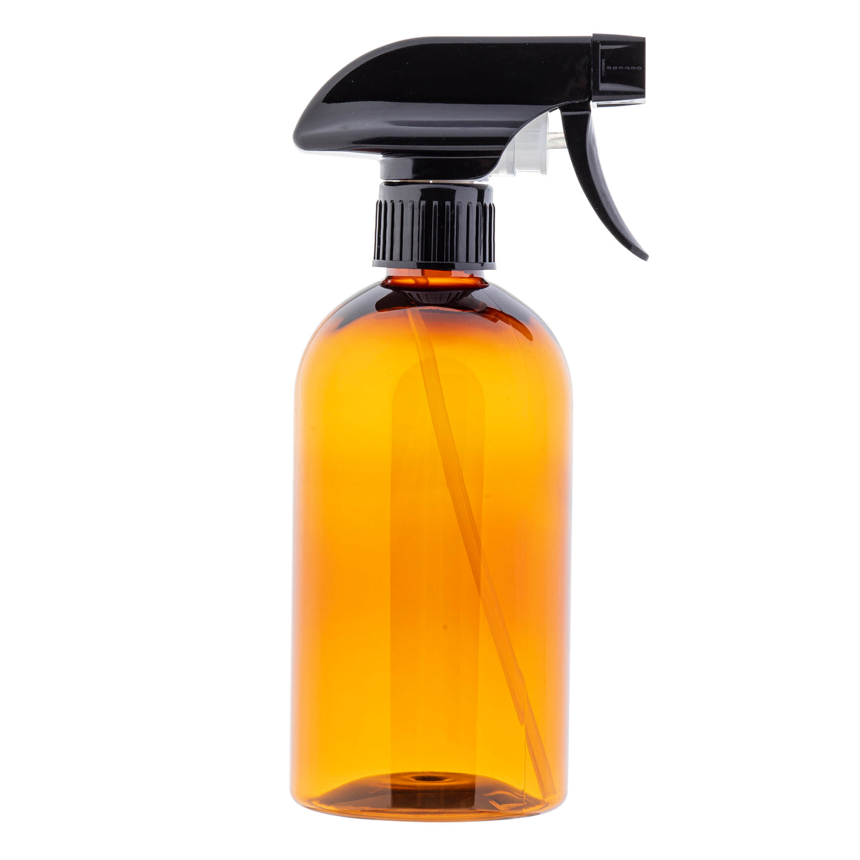 A 16 oz spray bottle made of brown amber glass with a black plastic trigger nozzle, shown against a plain white background. The cylindrical kitchen spray bottle is ideal for dispensing liquids like cleaners or water, with a visible plastic tube inside.
