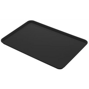 A plain, black Camlite Tray with slightly raised edges is displayed on a white background. This fiberglass tray features a smooth, glossy surface and rounded corners, and is also dishwasher safe for easy cleaning.