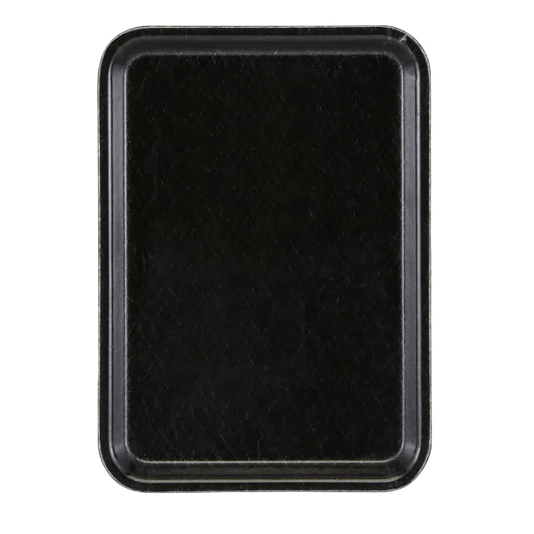 A rectangular, black Camtray with slightly raised, rounded edges. The smooth surface shows faint scratches from regular use. This high-impact fiberglass tray is photographed on a plain white background, viewed from above.