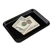 A small black Camtray high-impact fiberglass tray holds a five-dollar bill, a one-dollar bill, a quarter, and a half-dollar coin, arranged neatly on a white background—suggesting a payment or tip left on this dishwasher safe tray.