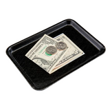 A small black Camtray holds a five-dollar bill, a one-dollar bill, and two quarters. The high-impact fiberglass tray is placed on a white surface, with the bills and coins neatly arranged in the center.