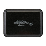 A rectangular black high-impact fiberglass tray with rounded corners and a slightly textured surface. The center displays white text: “Camtray Cambro Manufacturing Co Huntington Beach, CA, U.S.A. NSF 19-2 Made in U.S.A.” Dishwasher safe tray.