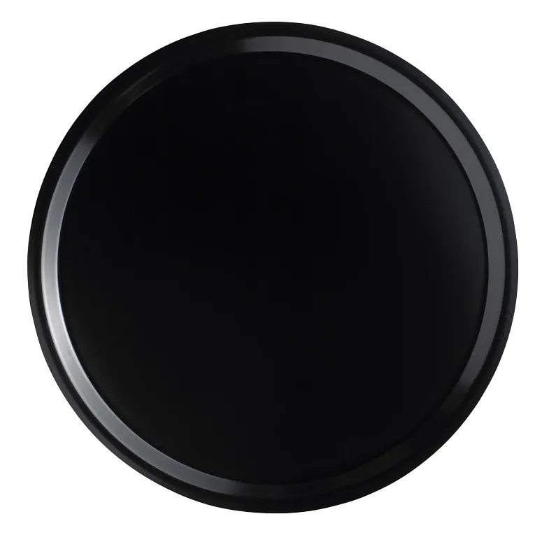 A round, flat, black Serving Camtray with a slightly raised edge is shown against a white background. Made from durable fiberglass, this NSF-certified tray features a smooth, glossy surface that reflects light along the rim for a minimalist look.