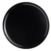 A round, flat, black Serving Camtray with a slightly raised edge is shown against a white background. Made from durable fiberglass, this NSF-certified tray features a smooth, glossy surface that reflects light along the rim for a minimalist look.