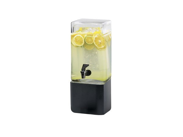 The Mission Beverage Dispenser is a rectangular, BPA free glass container filled with lemon slices and lemonade, featuring a black spigot and 1-1/2 gallon capacity on a matching black base, set against a plain white background.