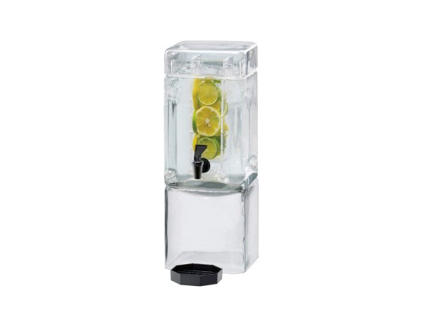 A clear, rectangular BPA free beverage dispenser filled with water and several lemon and lime slices. The dispenser has a black spigot in the center for pouring and a matching black lid at the base, all set against a plain white background.