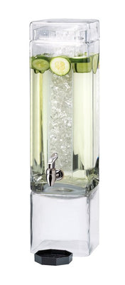 A clear, rectangular 3-gallon BPA free beverage dispenser filled with ice, water, and cucumber slices. The dispenser has a silver spigot for pouring drinks and is set on a matching glass base, with ice in a central cylinder within the dispenser.