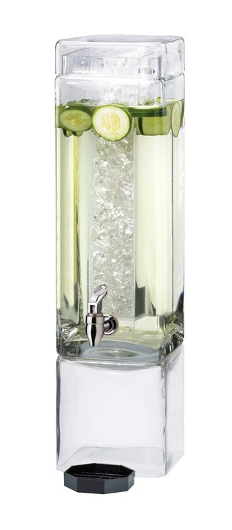 A clear, rectangular 3-gallon BPA free beverage dispenser filled with ice, water, and cucumber slices. The dispenser has a silver spigot for pouring drinks and is set on a matching glass base, with ice in a central cylinder within the dispenser.