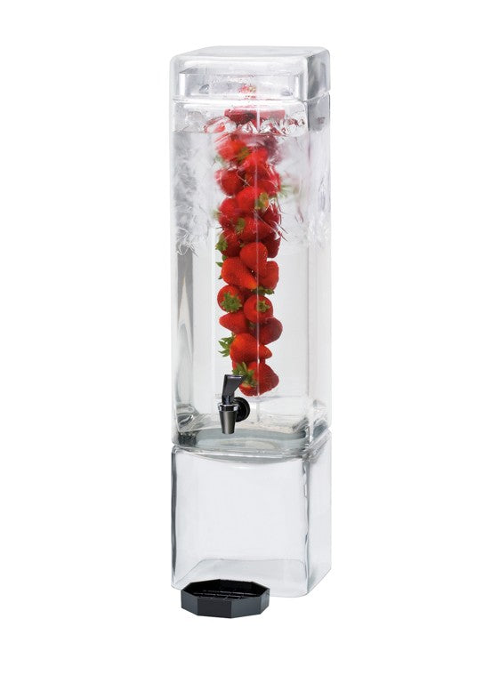 A tall, clear BPA free beverage dispenser filled with water features a vertical infusion chamber holding fresh whole strawberries. A black spigot sits near the base, and the dispenser rests on a square base with a black lid in front.